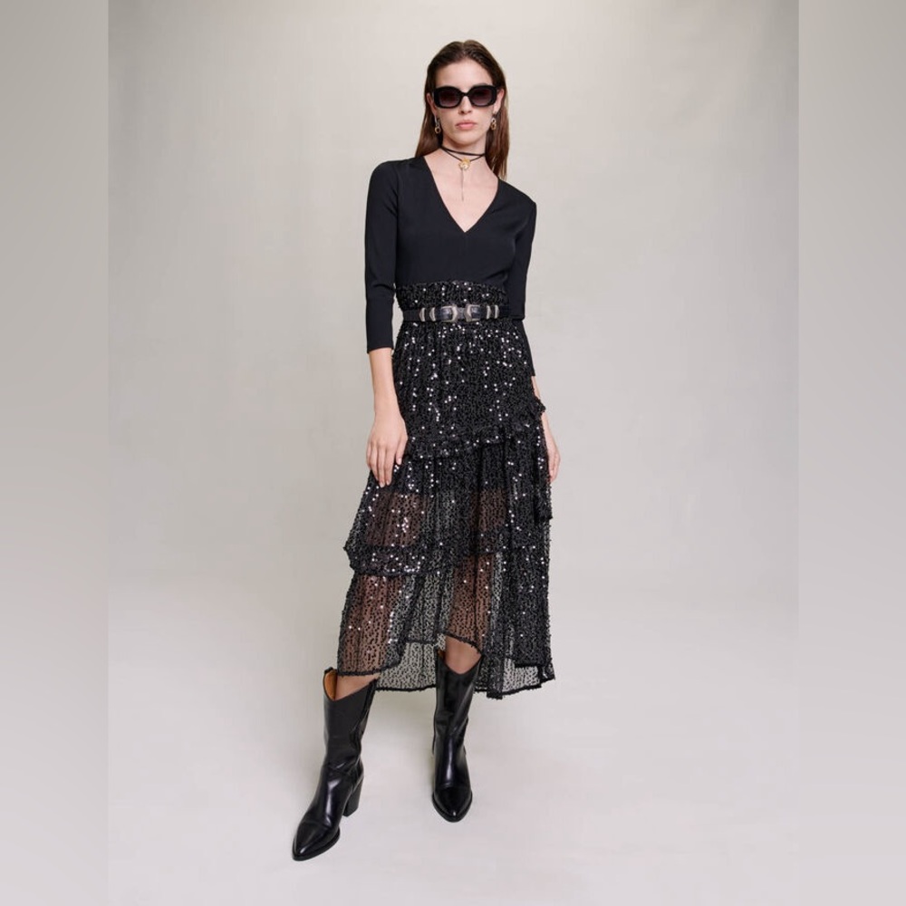 MAJE BLACK SEQUIN & MESH MAXI DRESS with V-NECK LONG SLEEVE RIB KNIT TOP SIZE 34